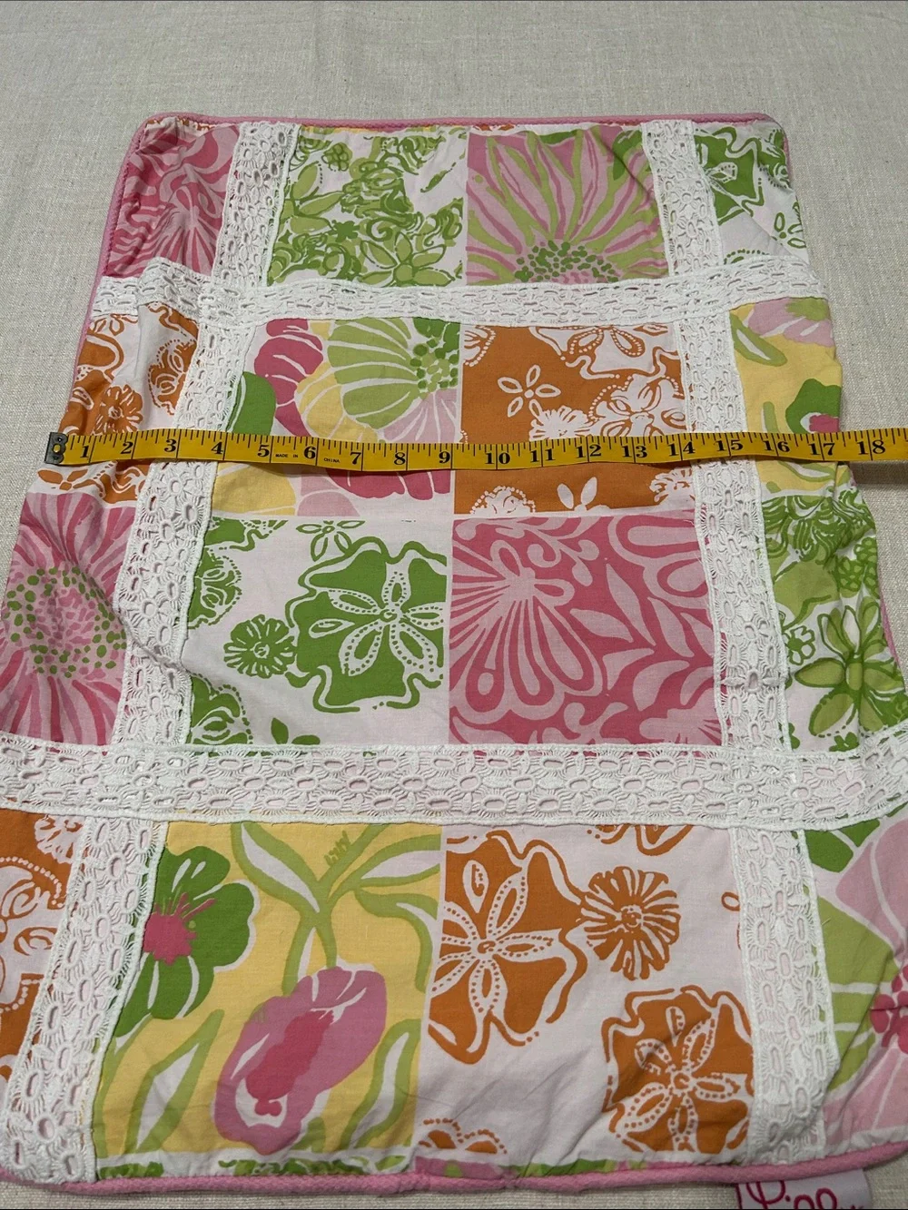 Lilly Pulitzer Patchwork Pillow Shams (2) Vibrant Pastel Floral With Lace Detail